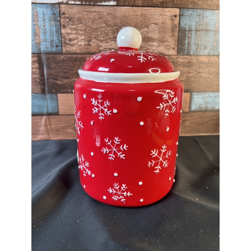Hallmark‎ Christmas Snowman Cookie Jar Canister Red Holiday Decor 9"5 X 6.5" - Picture 2 of 5